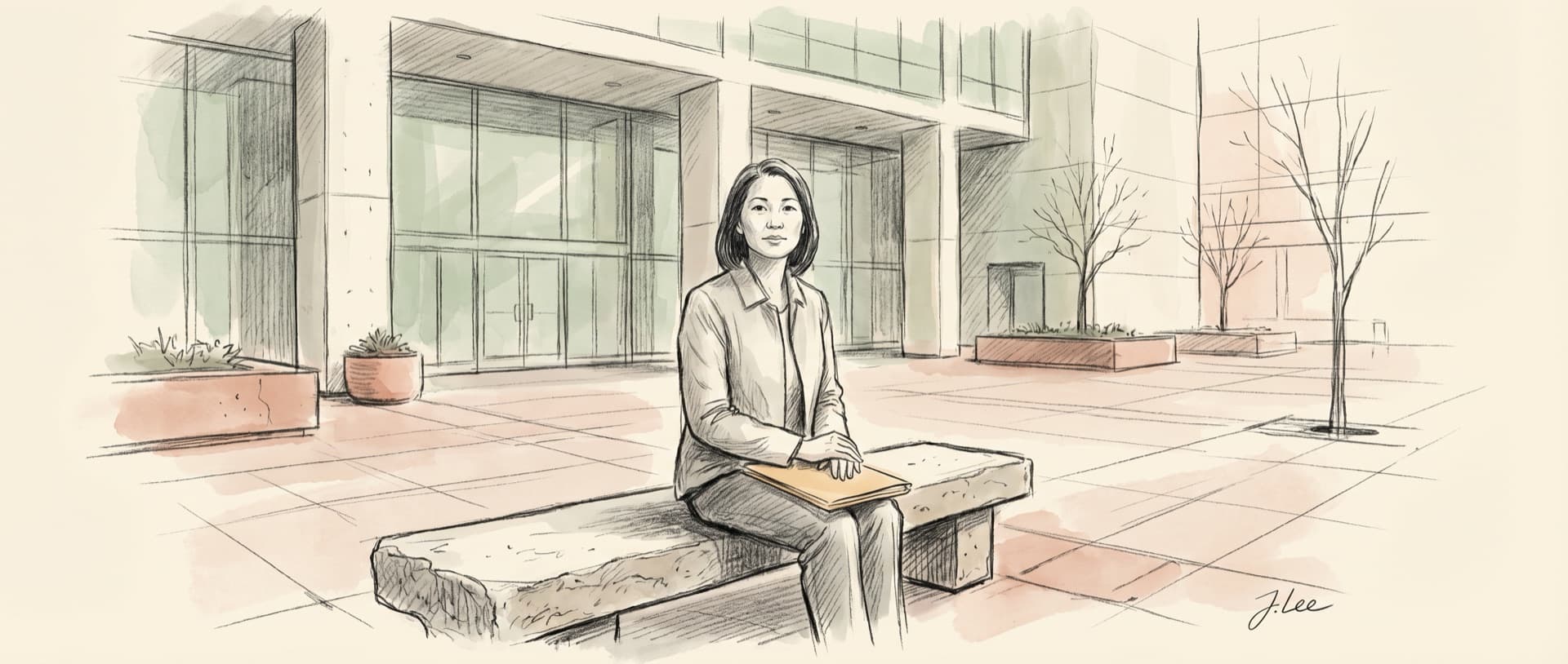 A mother sits alone on a stone bench outside a courthouse, holding a manila folder — waiting, dignified, unhurried.