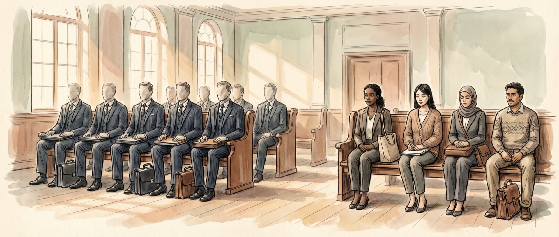 A courtroom gallery: seven identical biglaw men on one side, four diverse solo practitioners on the other — an imbalance of representation.