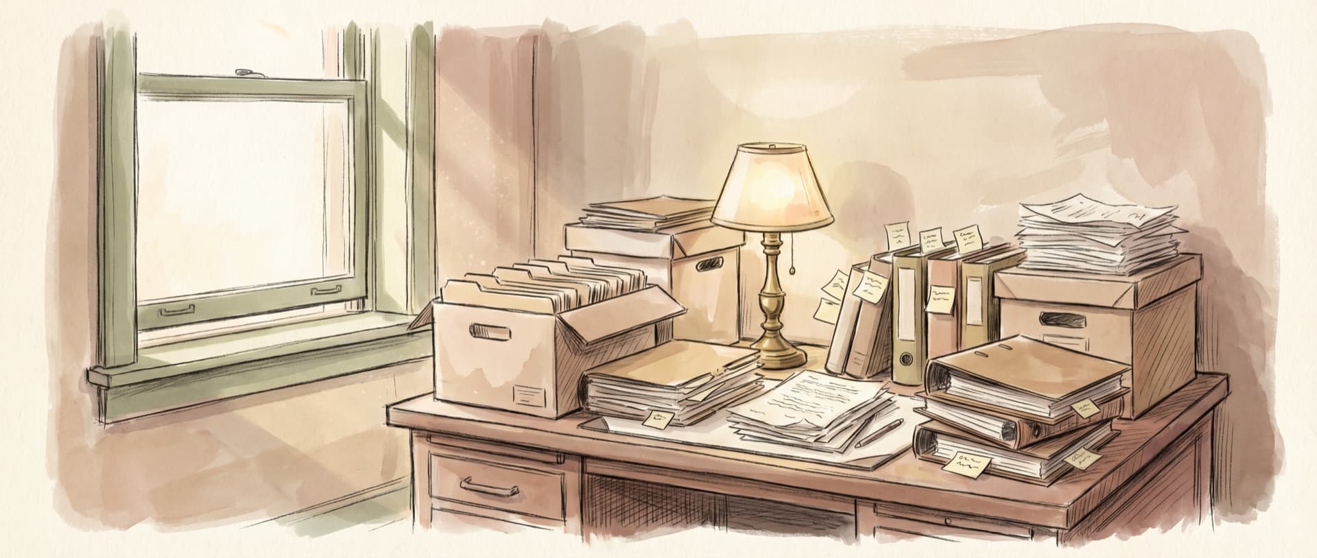 A solo practitioner's desk under a warm lamp, stacked with file folders, banker boxes, and loose paper.